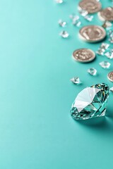 Sparkling Gem and Coins on a Turquoise Surface