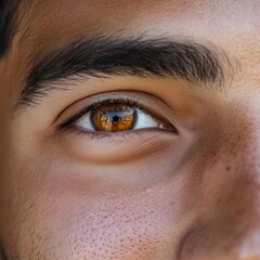 Obraz premium Close-up of young hispanic male's eye with freckles and prominent eyebrow
