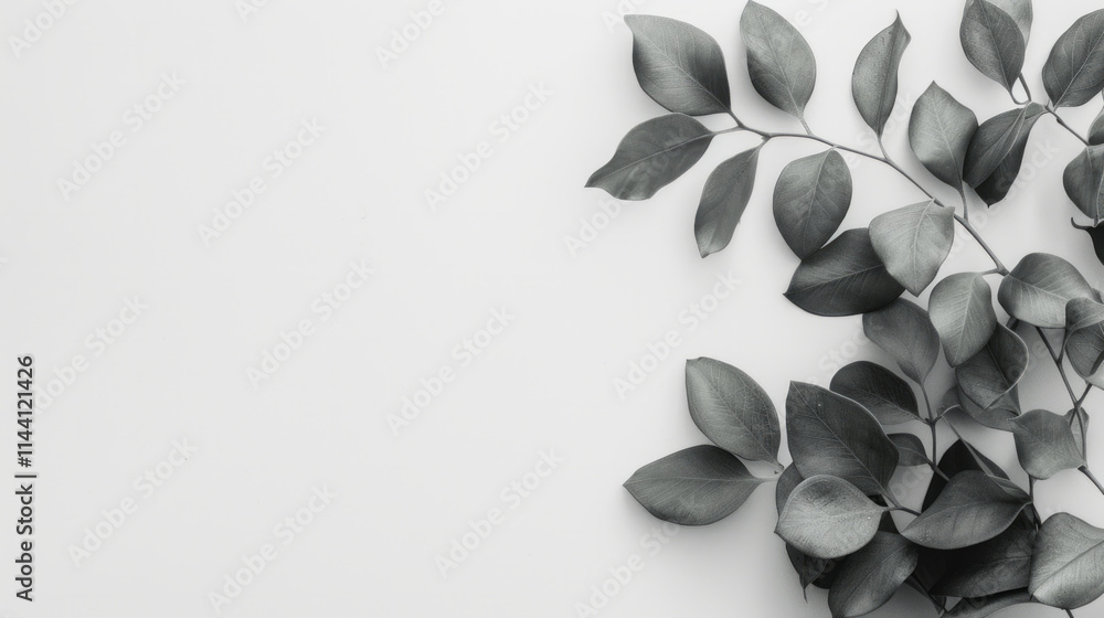 Poster elegant gray leaves arranged on a clean white background creating a minimalist aesthetic for text pl