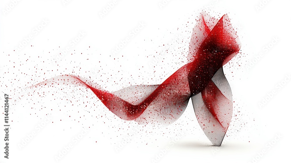 Poster elegant abstract design of flowing red and white fabric with sparkling particles on a light backgrou