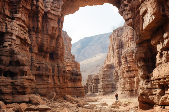 A picturesque landscape showcasing contrasting textures of sleek and rugged rock formations, symbolizing interplay between passage of time, erosion, and geological phenomena