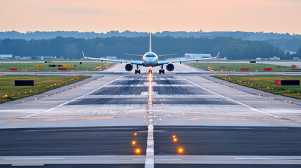 Planes taxiing on airport runway at dawn with bright lights illuminating the tarmac