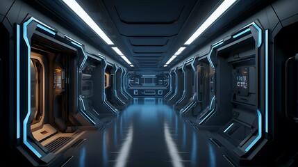 Obraz premium Futuristic spaceship corridor with glowing blue lights and metallic doors. (1)