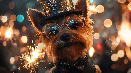 A playful Yorkshire terrier puppy dressed in a sparkling New Year s Eve themed costume including glittering glasses and a festive 2025 themed top hat