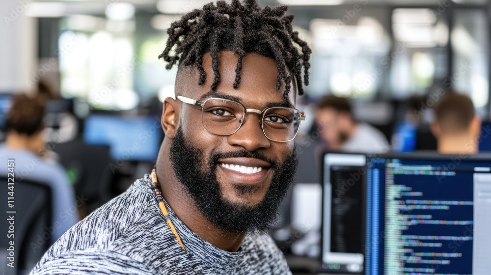 Poster smiling man in glasses at a computer workspace.