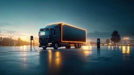 Electric Truck at Charging Station in Evening Lights