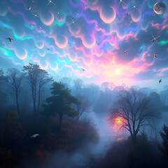 Dreamlike surreal imagery depicts iridescent colors over a nature scene of trees and life, iridescent reflections, fantastical elements, bizarre scenes.jpg