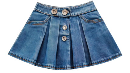 A classic denim skirt with button details and pleats, perfect for casual outings in spring or summer.