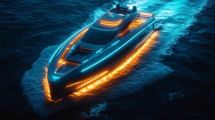 Futuristic digital yacht with neon lights, cutting through the dark ocean, symbolizing advanced technology and innovation in the maritime world.