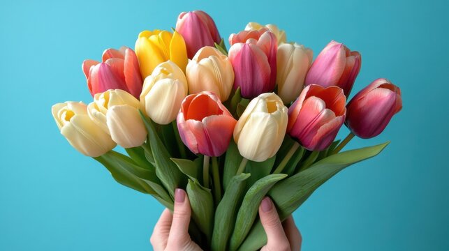 Tulip bouquet on hand for valentine and greeting on blue background.