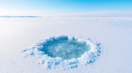 A circular hole in the ice, surrounded by snow, with clear water visible.
