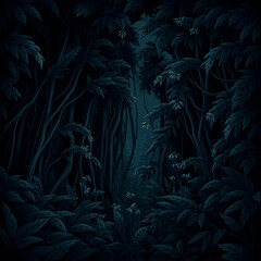 An adorable and charming illustration of a jet-black rainforest, rendered in pure black with deep shadows. The scene is characterized by intense darkness.jpg
