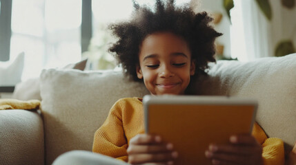 Children engaged in a joyful tablet sharing experience while sitting on a cozy sofa in a well-lit living room