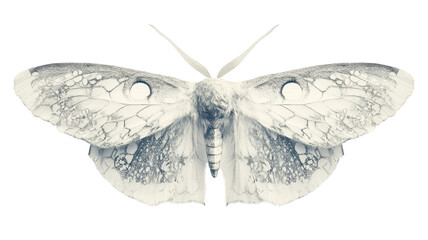 Detailed close-up of a white moth showcasing intricate patterns and textures against a transparent background, highlighting its delicate wings.