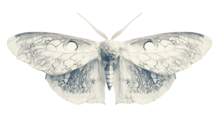 Detailed close-up of a white moth showcasing intricate patterns and textures against a transparent background, highlighting its delicate wings.