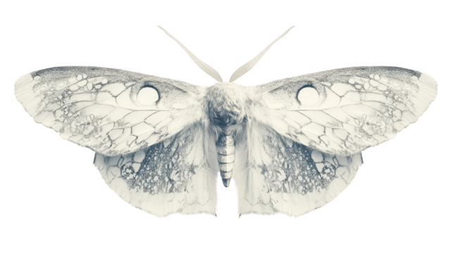 Detailed close-up of a white moth showcasing intricate patterns and textures against a transparent background, highlighting its delicate wings.