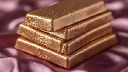 Stack of gold bars on pink silk.