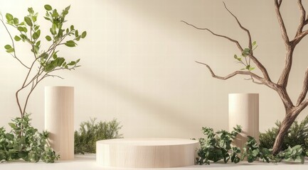 A minimalist wooden podium for product display, with two tall cylindrical columns on the left and right sides of different heights