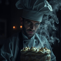 A high-resolution stock photo of a cake chef in an eerie, creepy atmosphere. The image is commercial-quality with dark tones and unsettling details.jpg