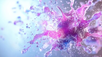 Fototapeta premium Microscopic 3D render of a purple cancer cell exploding and releasing particles in a bright blue liquid environment.