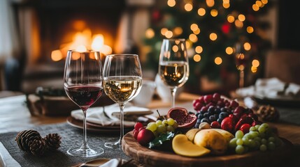 A table set for an elegant dinner with red wine, sparkling water, and a fruit platter.
