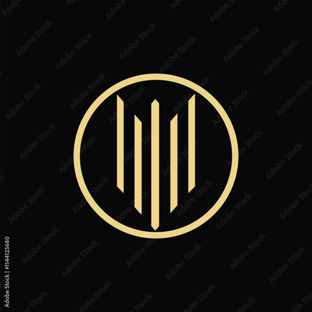 Poster an abstract logo of five lines forming a shield shape inside a circle shapes in brown color on a bla