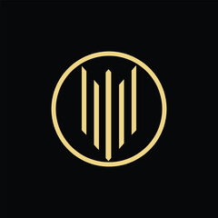 An abstract logo of five lines forming a shield shape inside a circle shapes in brown color on a black background