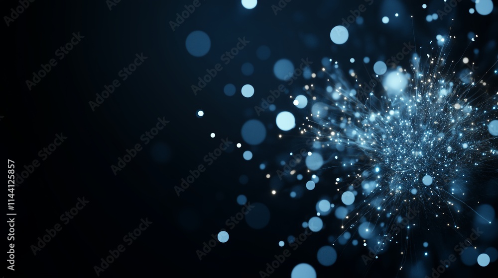 Poster dynamic blue particles scatter across a dark background, creating a vibrant visual display of light 