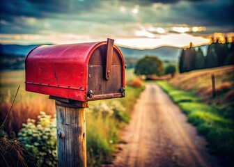 Rustic red mailbox, vintage airmail letter; evocative documentary photo.