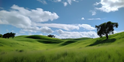 Fototapeta premium Rolling green hills under a vibrant blue sky dotted with fluffy white clouds, solitary trees dotting the landscape.