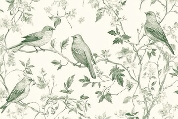 Elegant sage green birds and blooming branches seamless pattern.