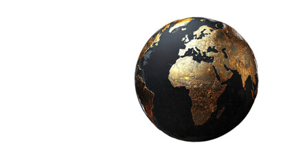 A detailed globe showcasing Africa, Europe, and the surrounding regions in a striking gold and black design on a transparent background.