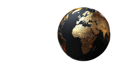 A detailed globe showcasing Africa, Europe, and the surrounding regions in a striking gold and black design on a transparent background.