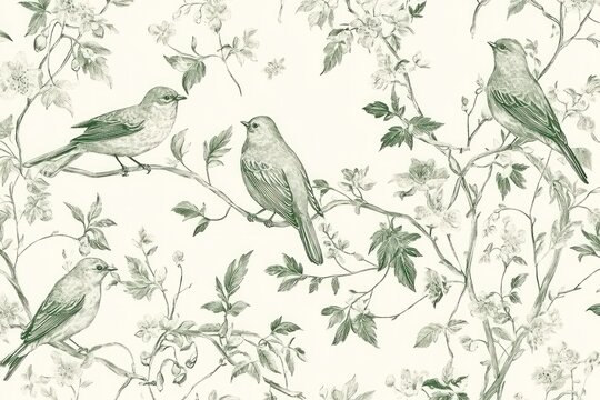 Elegant sage green birds and blooming branches seamless pattern.