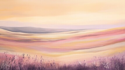 Obraz premium Delicate hues of warm rose, muted lavender, and light sand blend seamlessly into a dreamy meadow scene, evoking the soft tranquility of sunset over a peaceful countryside.