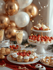 Aromatic pastries with fruits on a white marble table in the foreground. red tablecloth on the table. glasses with lemonade. golden table setting. festive atmosphere. light minimalistic background.