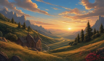 painting of a house in a valley with mountains and trees