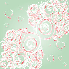 Pinkish hearts and doodle flowers on a delicate green background.