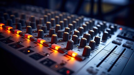 Obraz premium Close-up of an illuminated audio mixing console, showcasing its intricate controls and glowing knobs in a dimly lit studio environment.