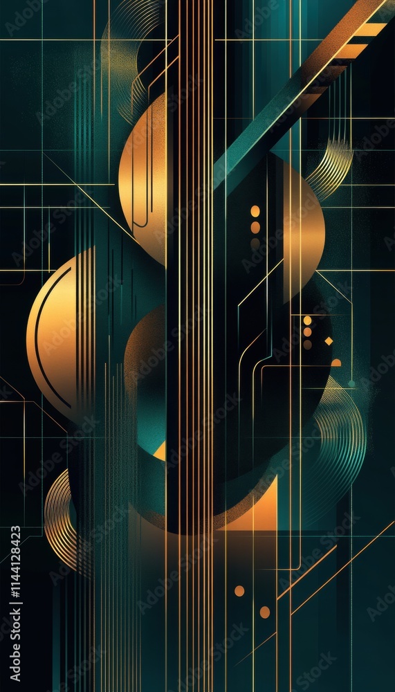 Poster abstract art with symmetrical design, featuring dark teal and gold colors in a vector style.