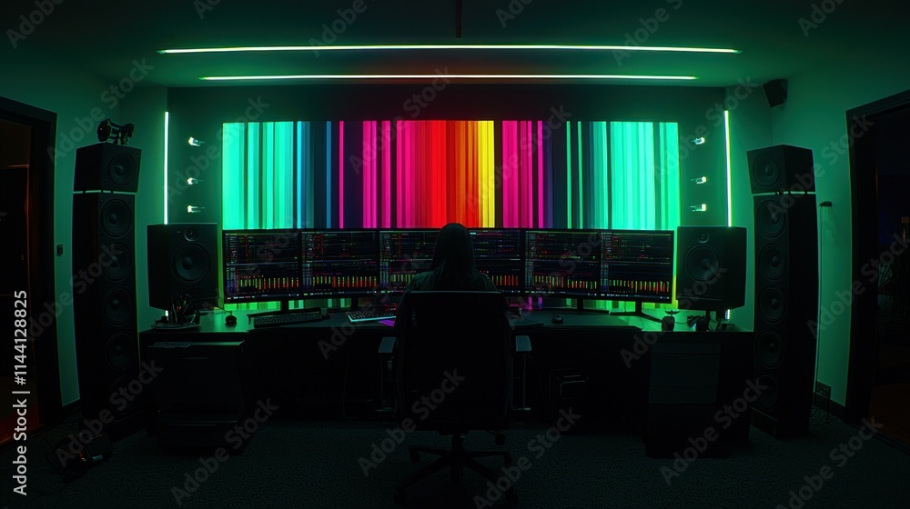 Poster a dimly lit workspace with multiple screens and colorful lights.