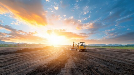 Fototapeta premium Excavator at Sunrise on Construction Site with Clouds