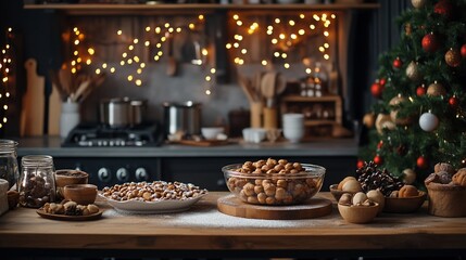 Naklejka premium Christmas cookies and nuts on kitchen counter.