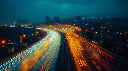 A long exposure shot of a highway at night, with vibrant light trails from speeding cars creating a dynamic, flowing energy on the road.