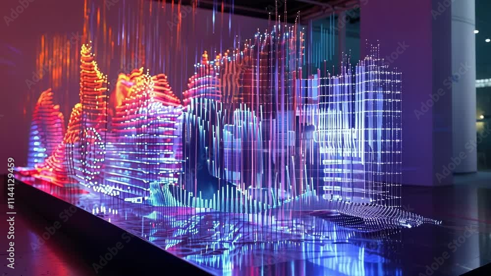 Poster Complex data visualization forming a futuristic cityscape with glowing lights and reflections, creating a stunning visual representation of information flow and technology