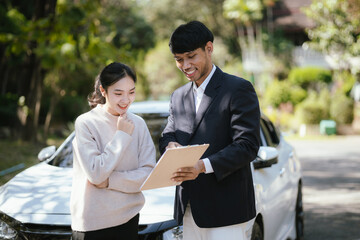 Car rental, car rental agent delivers car to female customer, keys and rental contract documents