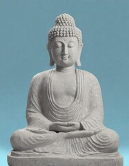 A white statue of a Buddha sitting in a lotus position