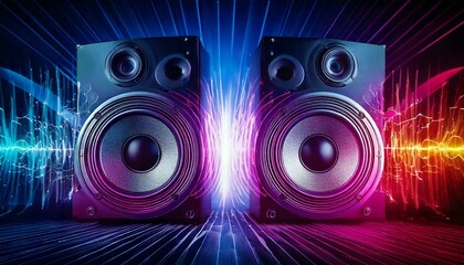 Two speakers are on a stage with colorful lights and a purple background