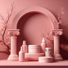 A pink archway with a display of cosmetics