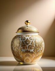 A gold and white vase with a gold top sits on a white table